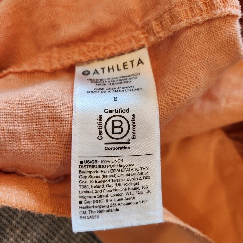 Athleta Cabo 100% Linen 4" Short Orange Size 8 Elastic Waist Drawstring Pockets - Picture 9 of 14